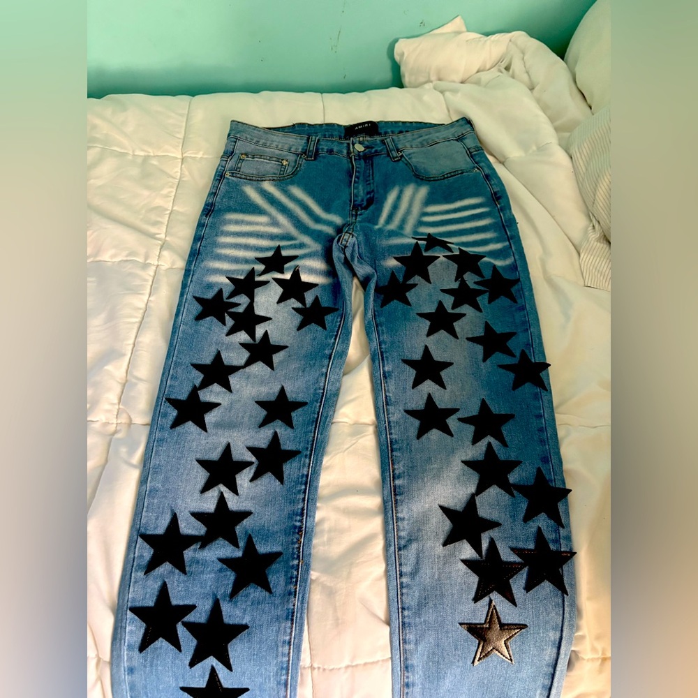 Blue Jeans with Black Star Pattern crazy patch work and marvelous denim worn 1x
